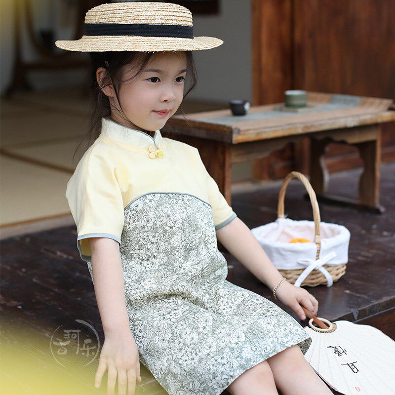 2024夏季女童拼色旗袍裙儿童女宝中国风复古连衣裙小女孩薄款旗袍