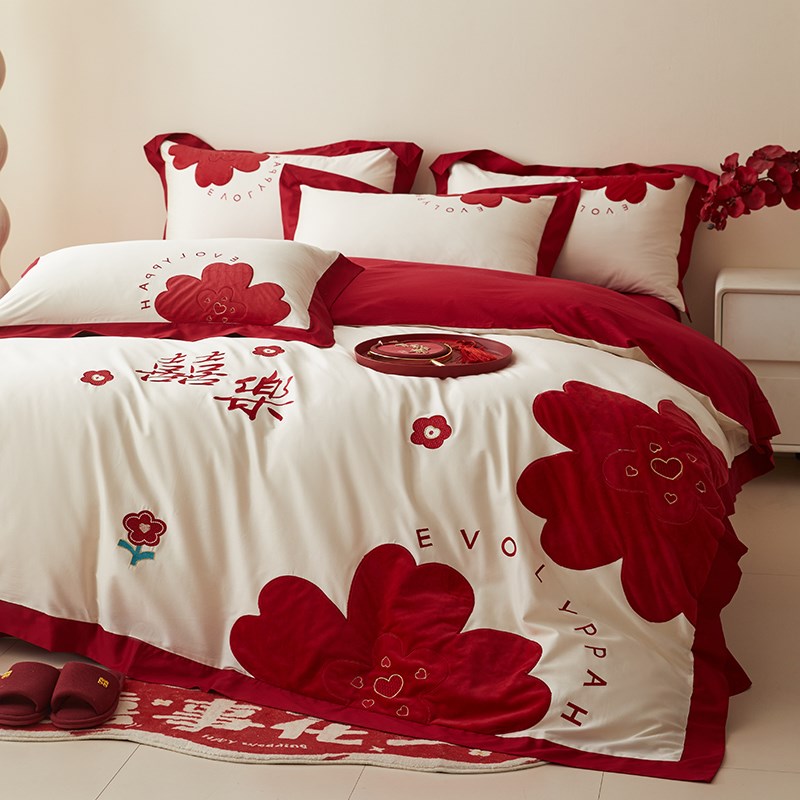 2024新款亲肤棉贴布绣婚庆四件套结婚红色高级感被套床单床上用品