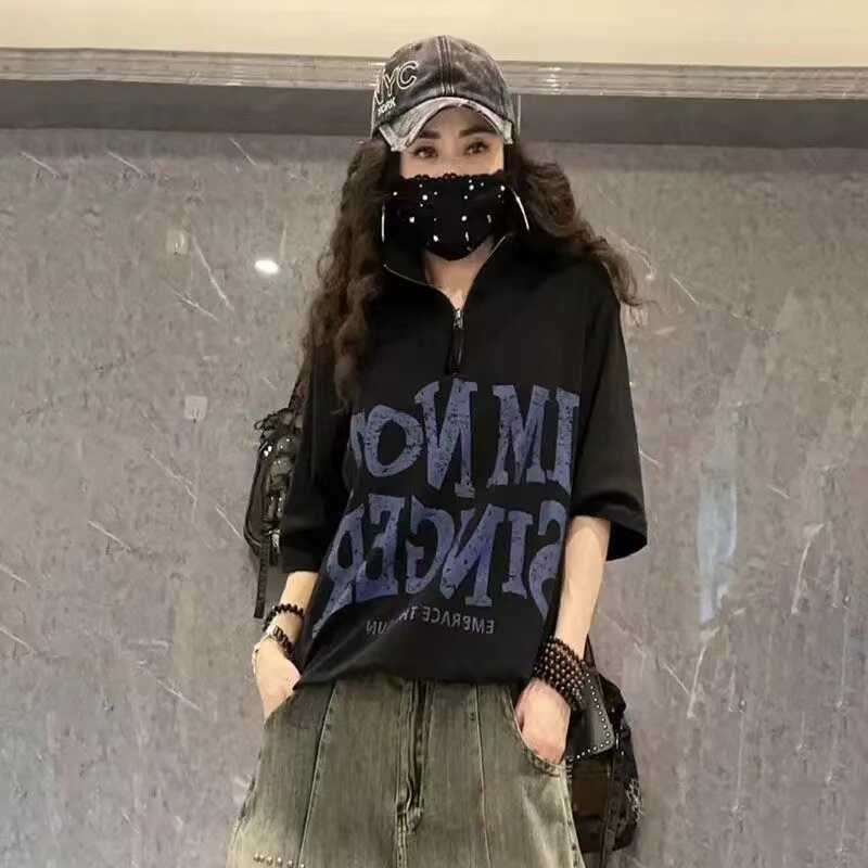 纯棉黑色t恤女夏季新款拉链立领半袖宽松休闲时尚百搭减龄女上衣