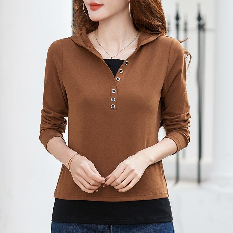 纯棉连帽长袖t恤女秋新款胖mm宽松显瘦假两件拼接洋气上衣打底衫