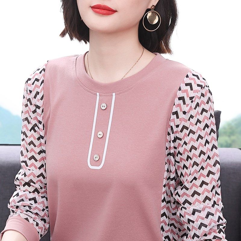雪纺拼接妈妈长袖t恤女加肥加大码宽松遮肚老人小衫中老年打底衫