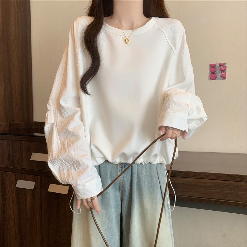 插肩袖正肩白色卫衣大码女装2025春季新款胖mm宽松打底衫抽绳上衣