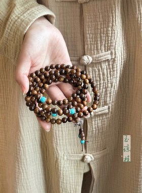 国风禅意檀木串珠绿松石项链女款复古民族风斜跨链汉服马面裙配饰