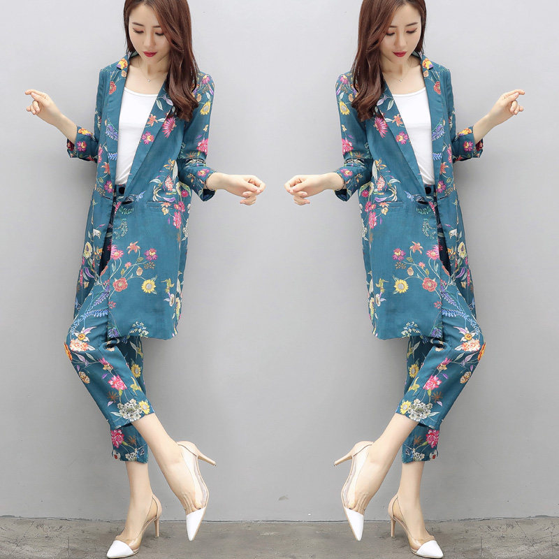 西装套装女2021春装新款女装韩版中长款棉麻外套九分裤时尚两件套