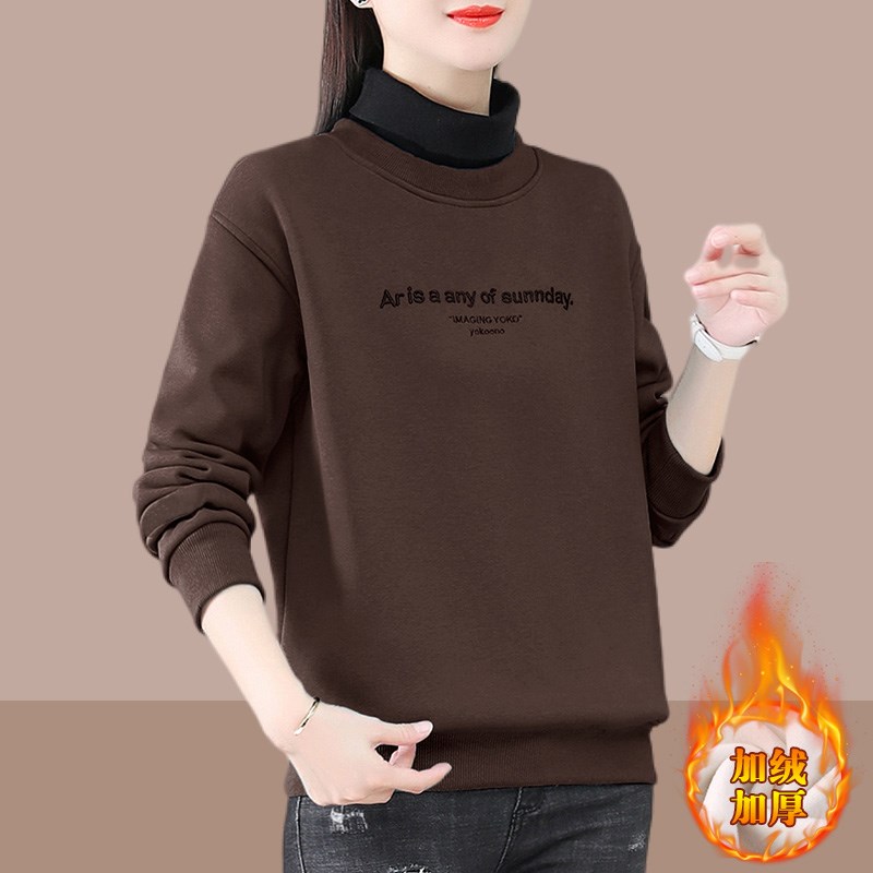 半高领卫衣女士2024秋冬季新款假两件加绒加厚短上衣大码时尚洋气