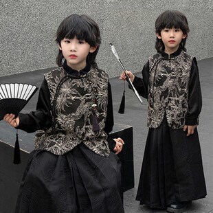 中国风唐装男童马面裙套装新中式儿童改良汉服古风马甲走秀演出服