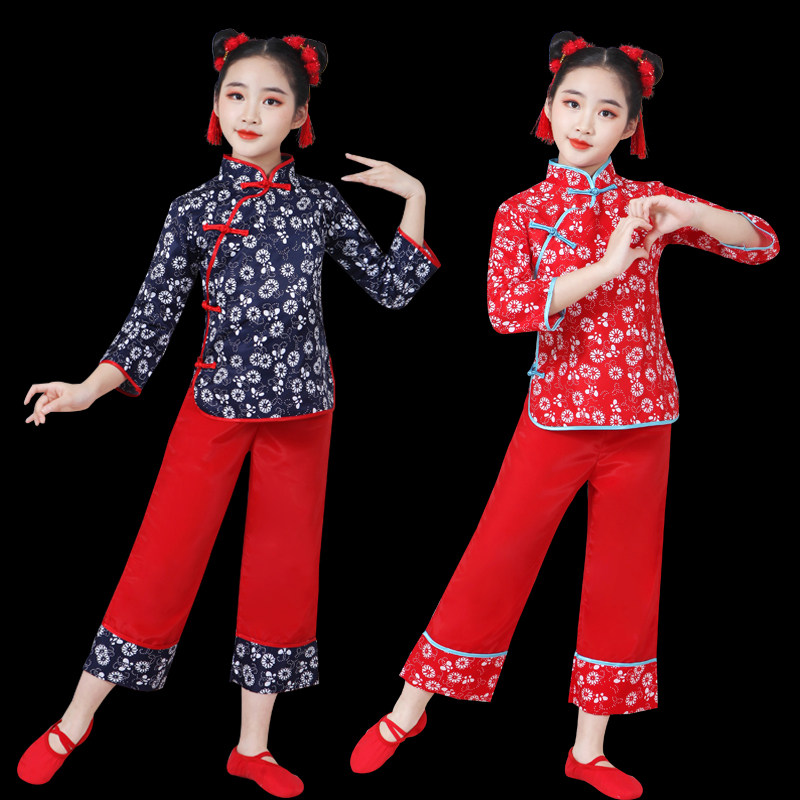 新款六一儿童村姑采茶服秧歌服女舞蹈农民阿庆嫂碎花表演出服装