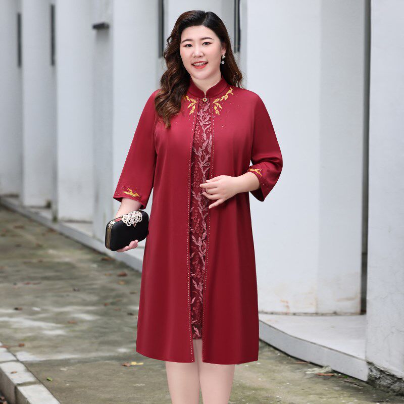 Q大码女装胖妈妈雪纺连衣裙春季新款假两件宽松显瘦减龄婚宴裙子