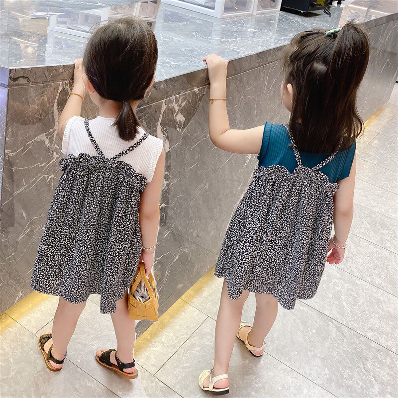 2021新款夏装3-8岁女童夏无袖假两件碎花裙子宝宝雪纺洋气连衣裙