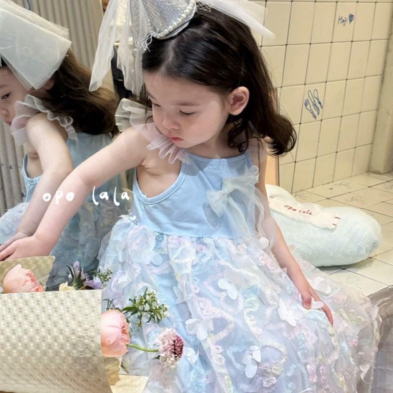 凡妈童装2025夏季新款女童小童韩版彩色花朵网纱吊带纱裙连衣裙