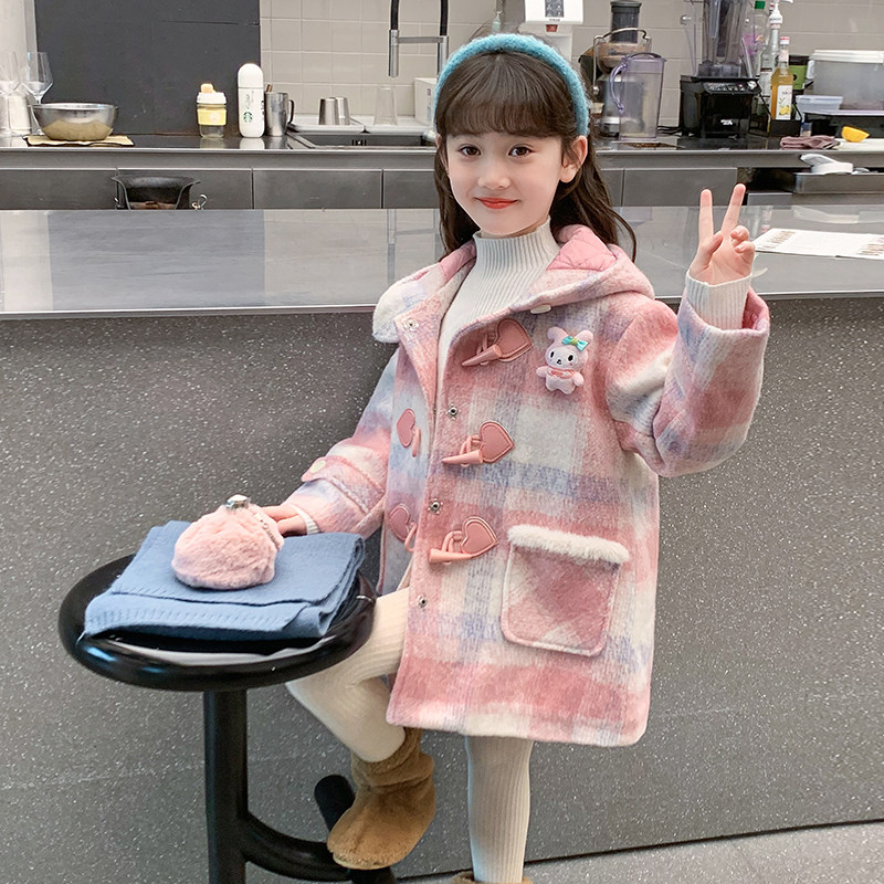 女童毛呢外套2024新款冬装儿童长款加绒加厚风衣女孩冬季网红大衣