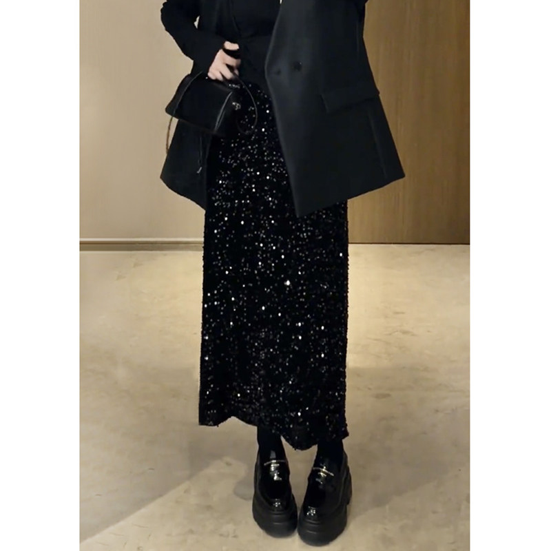 琪琪大码女装胖mm高级感重工开叉亮片半身裙女秋冬气质显瘦中长裙