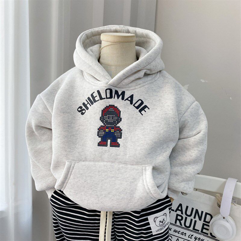 儿童男童加绒卫衣2023新款冬款宝宝连帽上衣双层加厚连帽冬季保暖