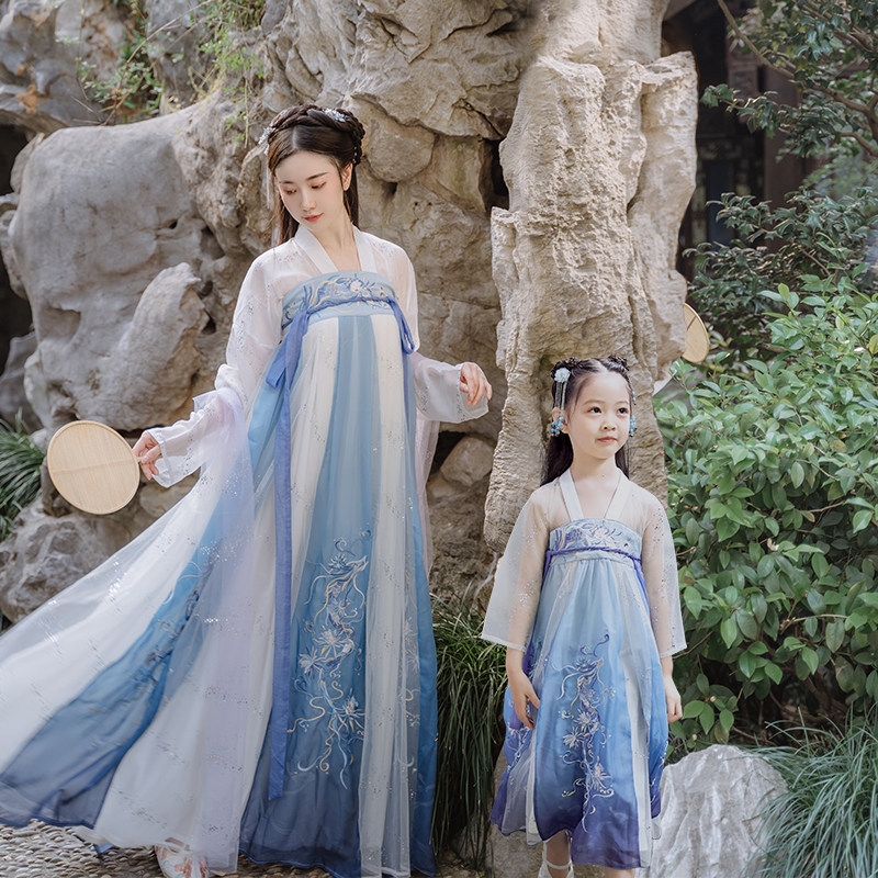 汉服亲子装母女夏古装襦裙超仙女孩唐装儿童汉服女童中国风连衣裙