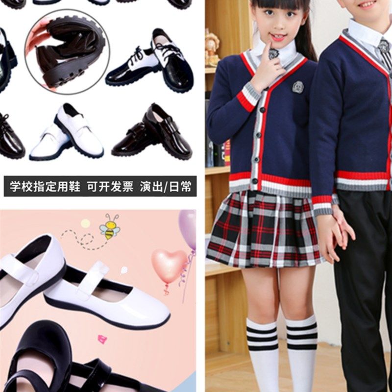 男童黑色皮鞋英伦儿童演出鞋亮皮学生黑白系带休闲皮鞋小皮鞋软底