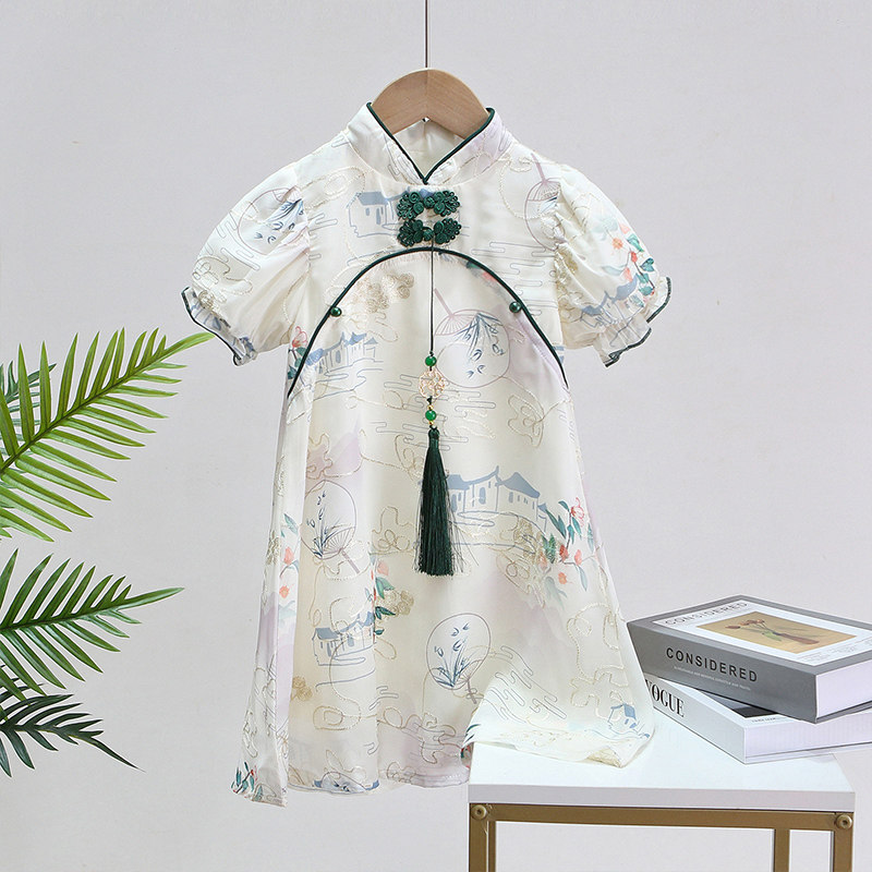 女童中国风旗袍夏季儿童新中式汉服短袖连衣裙女孩盘扣中国结童装