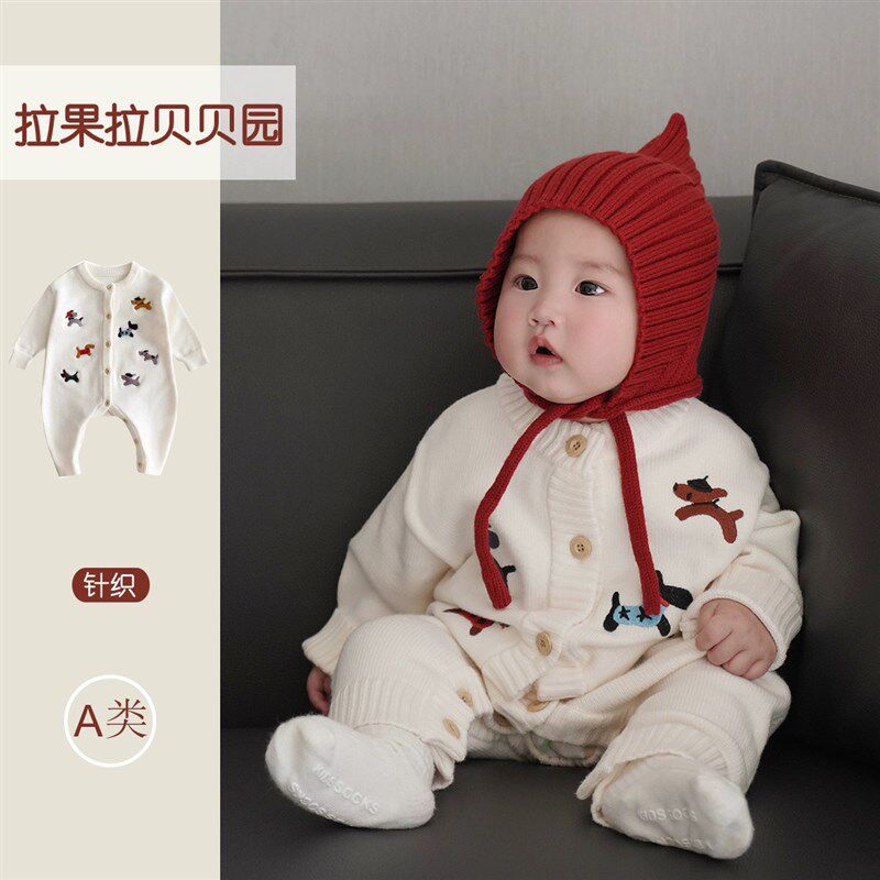 婴儿针织衫包屁衣秋冬装宝宝圣诞衣服刺绣毛衣爬服可爱萌趣连体衣