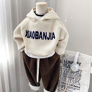 男童毛衣连帽2023新款秋冬儿童带帽打底上衣韩版洋气米色潮男孩