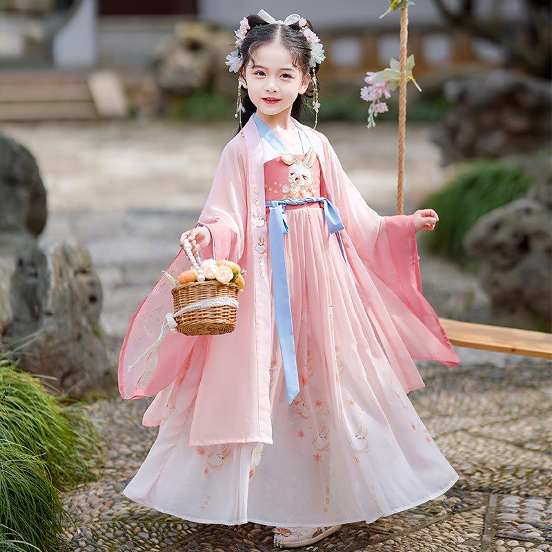 女童汉服春秋款唐装连衣裙2024粉兔古风超仙气小女孩粉色春季古装