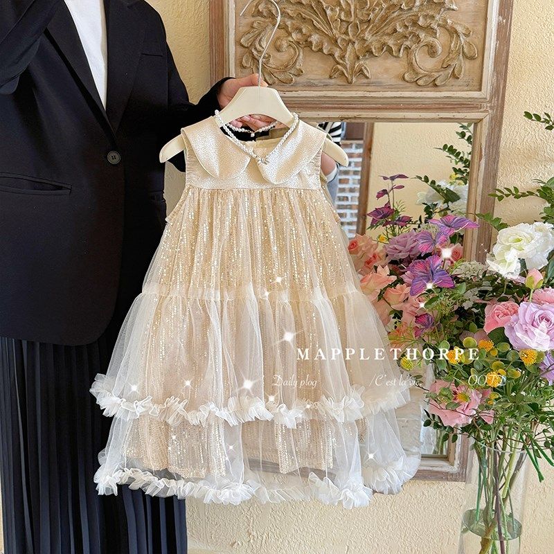 高级感女童公主裙夏季韩系香槟色宝宝网纱气质连衣裙生日礼服裙