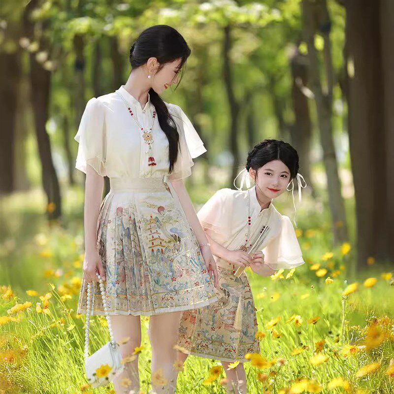 国风亲子马面裙套装2025夏季新款织金母女唐装女童短款半身裙汉服