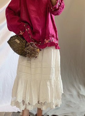 日系小清新蕾丝拼接甜美半身裙女森系文艺宽松中长款花边裙子秋季