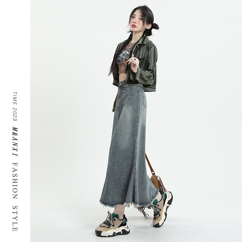 复古牛仔半身裙女高腰设计感宽松显瘦遮胯时尚百搭包臀长裙鱼尾裙