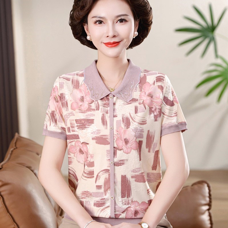 50岁女士妈妈夏装冰丝翻领洋气小衫中老年大码宽松T恤短袖上衣服