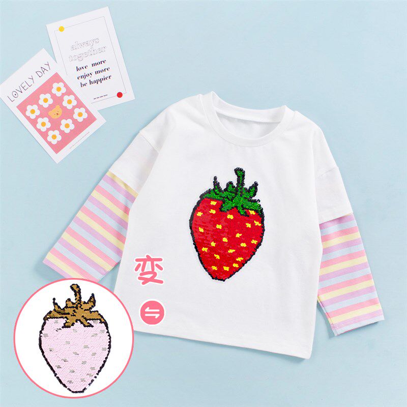 儿童亮片T恤女童长袖变色可变图案衣服宝宝春秋装假两件可爱草莓