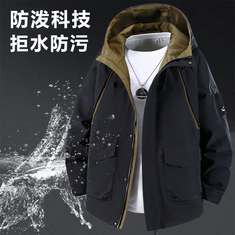 新款春秋大码外套男时尚工装夹克加肥加大宽松休闲连帽褂子300斤