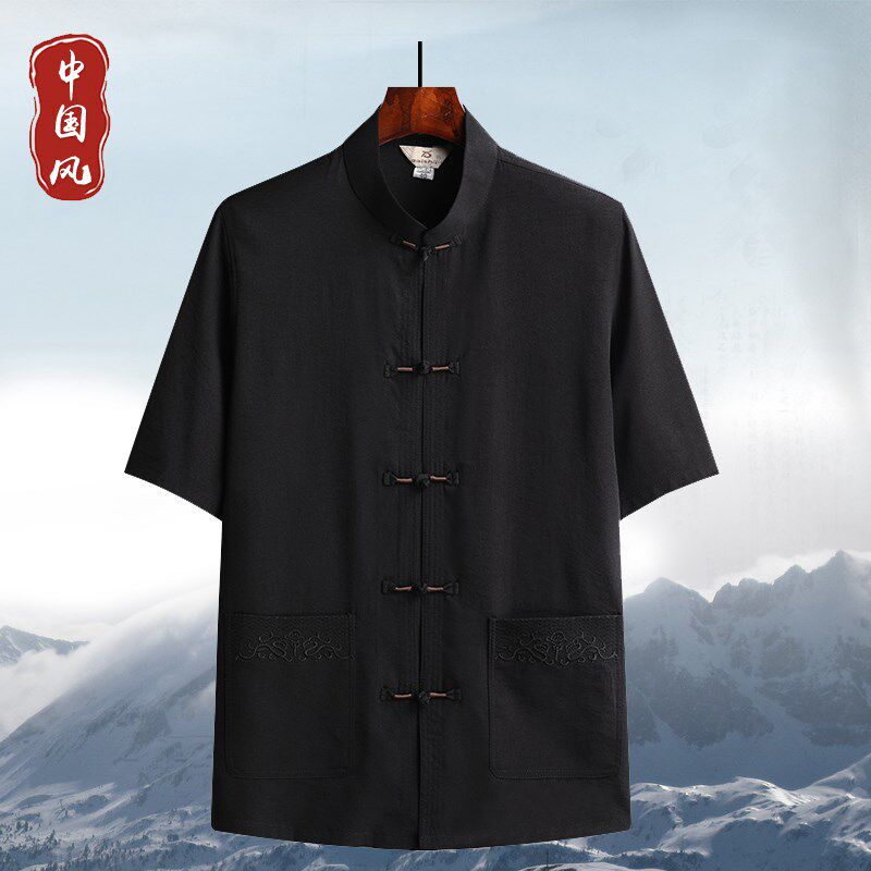 春夏季唐装中老年男装冰丝短袖爸爸装中国风汉服爷爷套装老人衣服