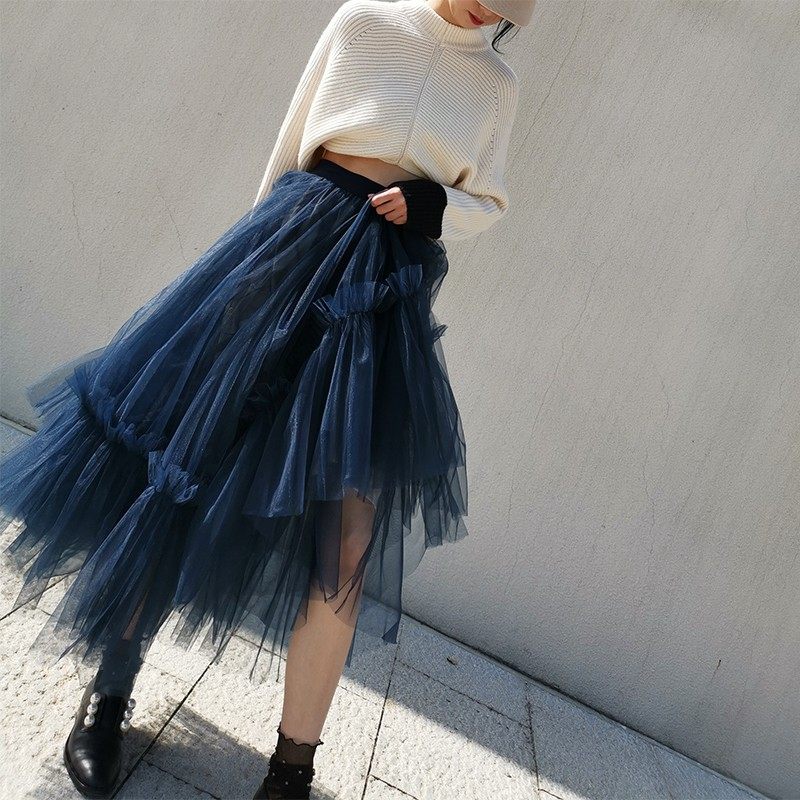 网纱裙女半身裙春夏矮个子2021高腰网纱蓬蓬裙长款大摆白色荷叶边