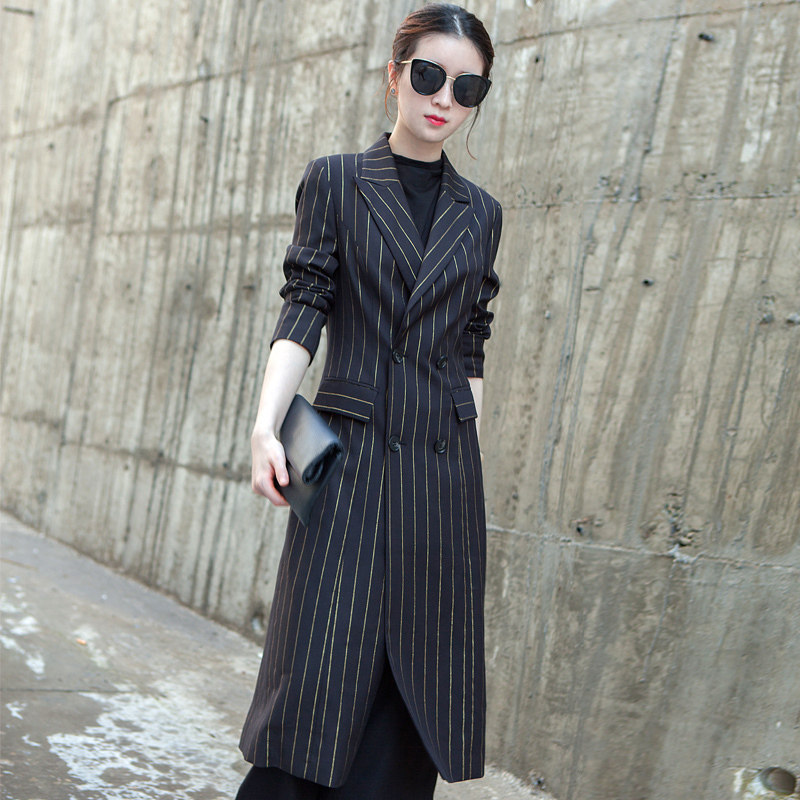西装外套女2021秋冬装韩版修身显瘦气质女装上衣条纹长款西服大衣