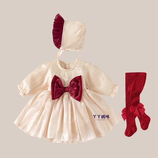 婴儿公主春秋装长袖连衣裙2025新款小月龄女宝宝百天周岁礼服纱裙