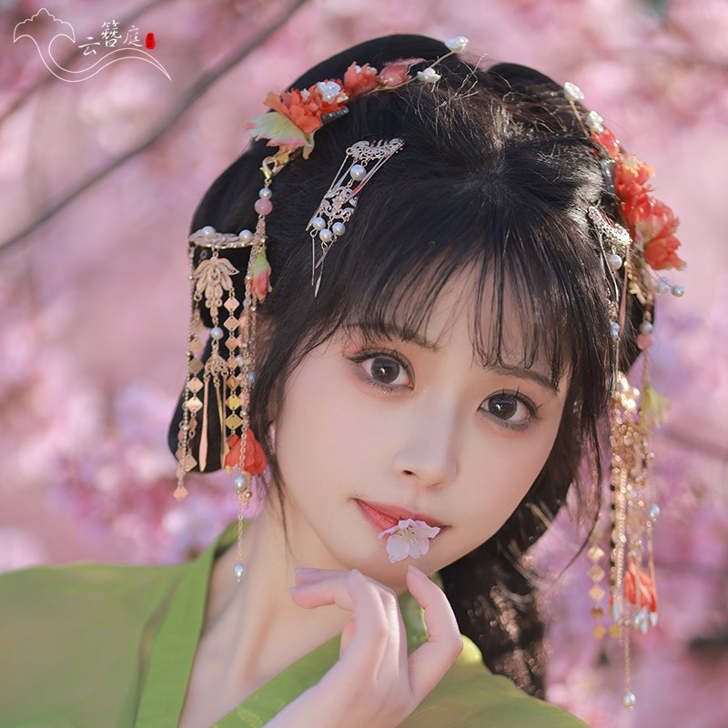 十二花神发饰女古风石榴花绢花头花朵红色唐风过年汉服头饰掩鬓簪 - 实物图