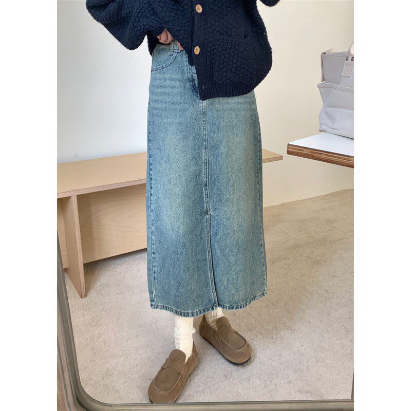 高腰前开叉牛仔半身裙女2024春新款中长款遮胯直筒裙牛仔裙有腰带