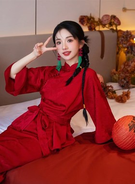 新中式改良旗袍新娘晨袍酒红色复古中国风敬酒服订婚礼服两件套装