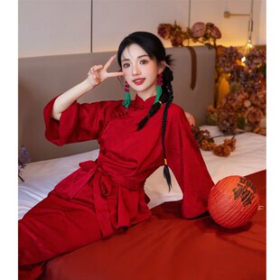 新中式改良旗袍新娘晨袍酒红色复古中国风敬酒服订婚礼服两件套装