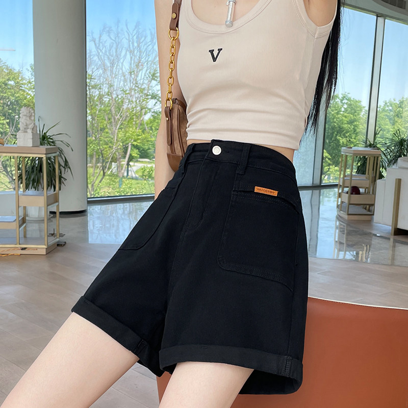 黑色高腰牛仔短裤女夏季薄款2025新款小个子显瘦百搭a字阔腿热裤