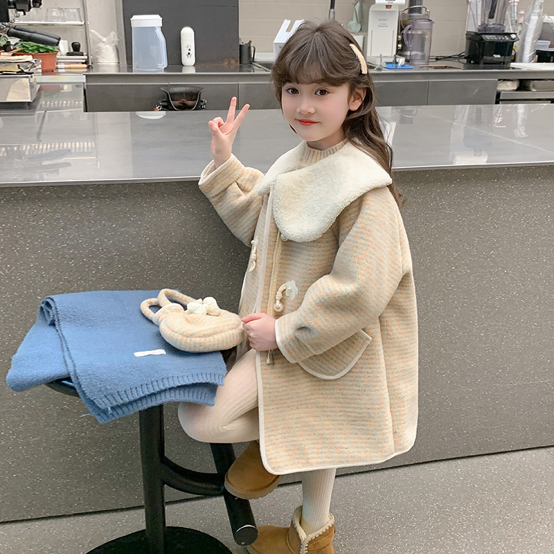 女童外套秋冬款2024新款儿童中长款加绒加厚呢子大衣冬装女孩风衣