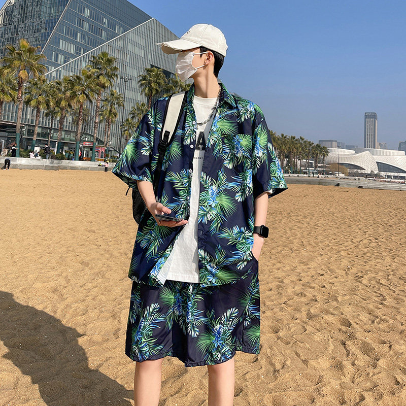 三亚风沙滩套装男士冰丝速干夏季花衬衫夏威夷海边旅行穿搭情侣装