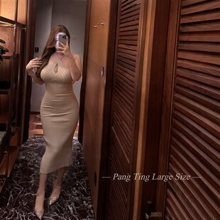 胖婷大码定制胖mm柔情似水气质交叉挂脖包臀连衣裙修身针织裙