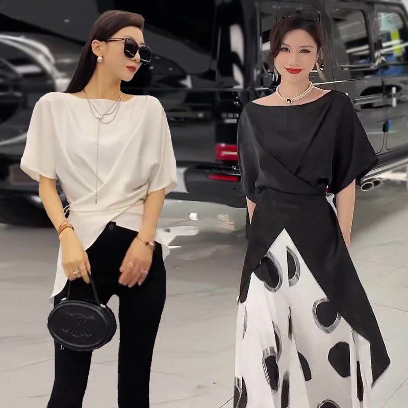 设计感夏季气质收腰显瘦系带缎面小衫女纯色不规则多穿中长款上衣