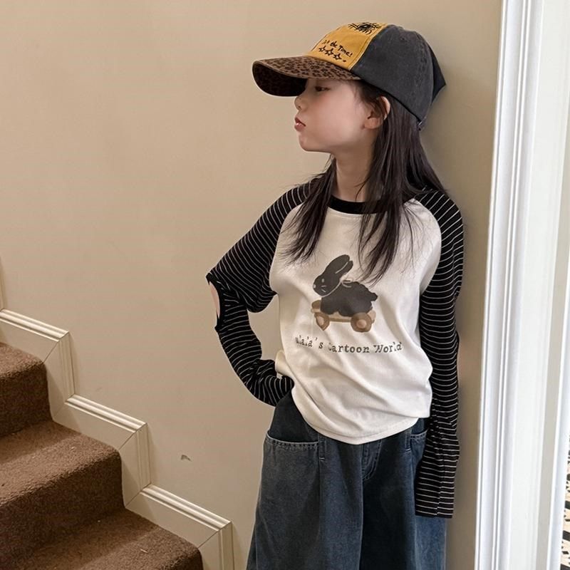 女童长袖T恤春款2025新款儿童设计感韩系条纹袖潮酷上衣打底衫潮