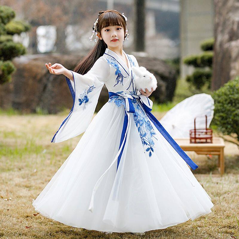 2022女童汉服超仙古装蓝色碎花小女孩襦裙中国风洋装古风童装秋
