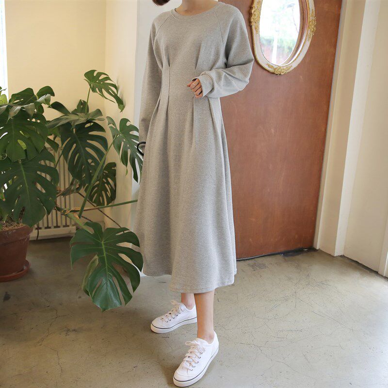 2021春季新款韩版女装长款连衣裙圆领长袖收腰大摆长裙卫衣裙子