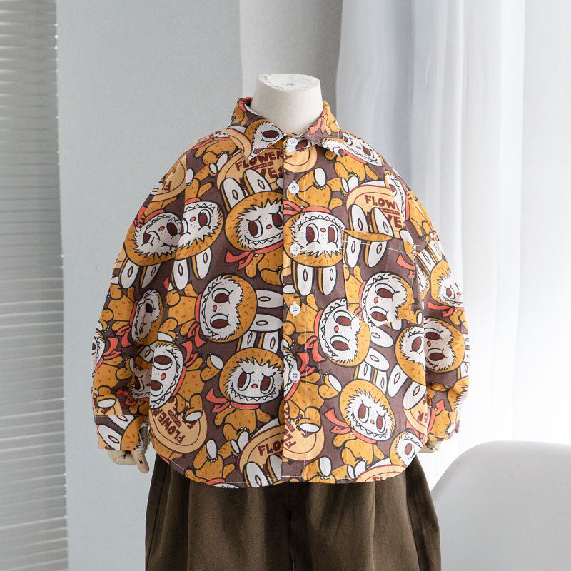 卡通风,儿童衬衫男童长袖衬衣中小童纯棉宽松薄款春秋装上衣外套