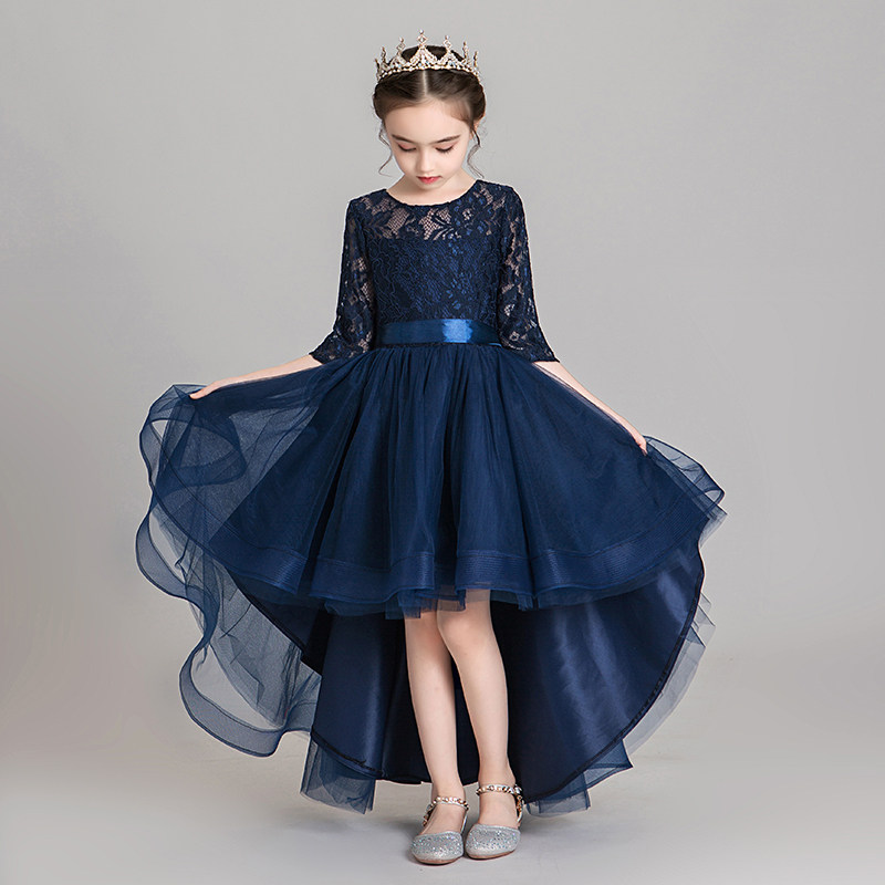 儿童礼服公主裙女童生日蓝色长袖女孩走秀花童钢琴演出服表演高端