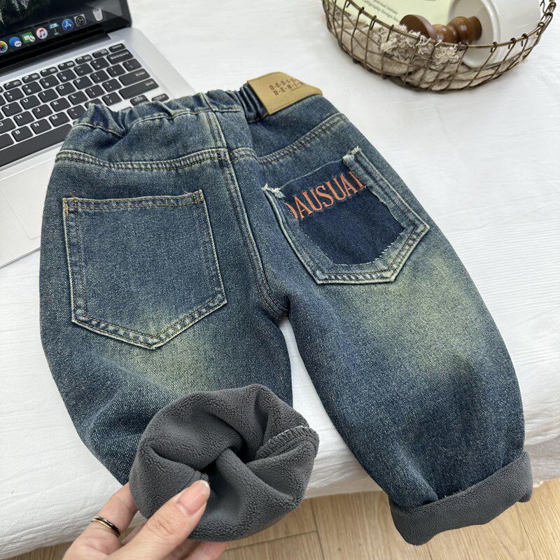 男童秋冬加绒牛仔裤2024新款儿童韩版百搭一体绒裤子复古薄绒长裤