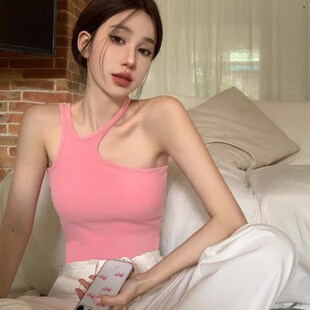 粉色辣妹挂脖小吊带背心女2024新款夏季小众设计感修身短款上衣潮